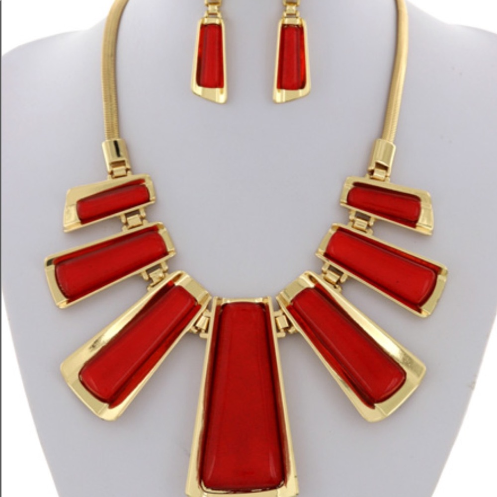 Red and Gold Statement Necklace Set